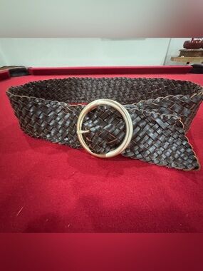LOFT Vintage Woven Leather Round-Buckle Waist Belt - Dark Brown